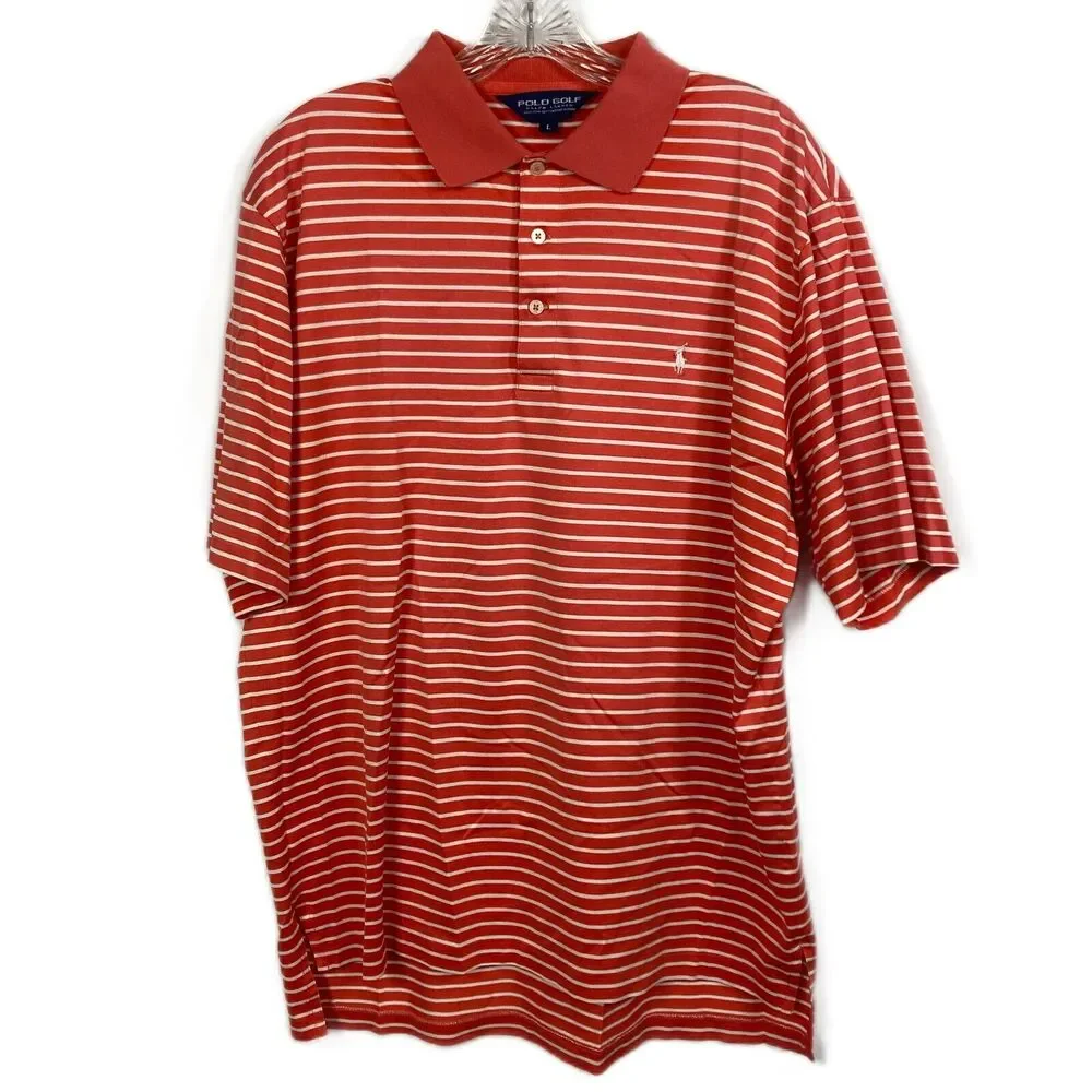 Ralph Lauren Polo Shirt Mens Sz L Orange White Striped‎ Cotton Golf Short Sleeve